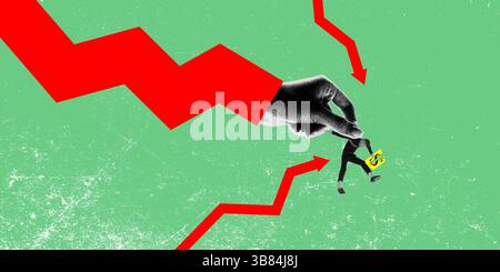 Uomo d'affari trascinato con la mano della freccia rossa tenendo in mano il simbolo del dollaro che rappresenta l'instabilità finanziaria. Progettazione concettuale. Foto Stock