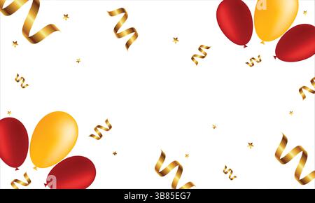 Sfondo coriandoli dorati con palloncini colorati, design vettoriale per festeggiare e festeggiare. Illustrazione Vettoriale