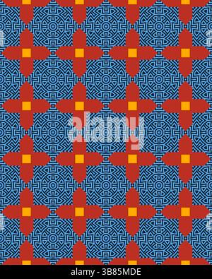 Il motivo geometrico colorato presenta forme ripetute e design complessi, ideale per applicazioni su tessuti o carta da parati in arredi moderni. Foto Stock