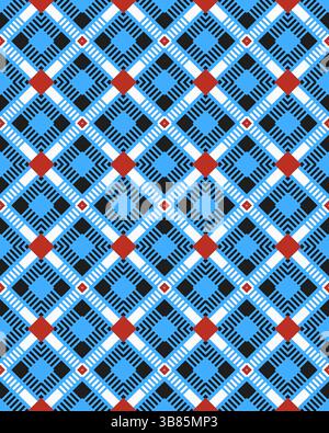 Le forme geometriche colorate creano un design sorprendente con quadrati blu, nero, rosso e bianco disposti in un motivo ricorrente. Foto Stock