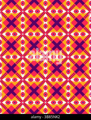 I colori vivaci creano un pattern geometrico dinamico con forme triangolari e circolari disposte in un layout simmetrico ripetitivo. Foto Stock