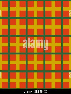 Il design colorato presenta una ripetizione di croci in rosso, giallo e arancione su uno sfondo verde a contrasto. Foto Stock