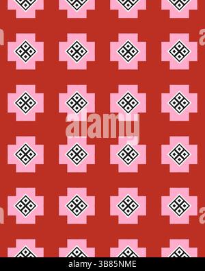 Forme geometriche complesse in rosa e nero creano un effetto visivo sorprendente su un audace sfondo rosso, che mette in risalto l'arte moderna. Foto Stock