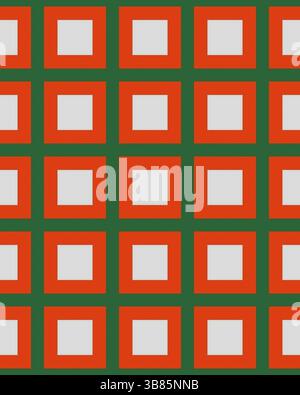 Forme geometriche colorate disposte in una griglia, con quadrati rossi con interni bianchi, sullo sfondo verde. Foto Stock