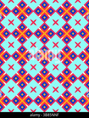 Le vivaci forme geometriche in rosso, blu e arancione creano un motivo dinamico su un morbido sfondo azzurro, che mette in risalto il design moderno. Foto Stock