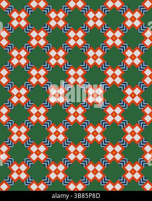 Un motivo vibrante mette in mostra forme geometriche complesse in rosso, bianco e blu, disposte in un layout ripetitivo su uno sfondo verde. Foto Stock