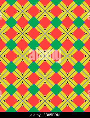 I colori brillanti si intrecciano per creare un motivo geometrico dinamico che stimola lo spazio visivo, donando un senso di movimento e giocosità. Foto Stock