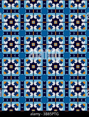 Un motivo vibrante e simmetrico delle piastrelle mette in mostra forme geometriche complesse nei colori blu, arancione e bianco, creando un'armonia visiva. Foto Stock