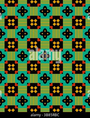 Forme geometriche ripetute creano un motivo decorativo sorprendente con colori audaci e design complessi su uno sfondo vivace. Foto Stock