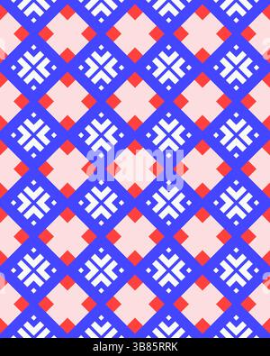 Vivace design geometrico con quadrati rossi e blu e forme bianche disposte in un pattern di diamanti ripetuto. Foto Stock