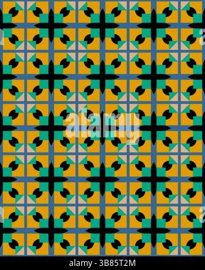 Questa opera d'arte presenta una vivida disposizione di forme geometriche a incastro su uno sfondo caldo, che mette in mostra la creatività artistica. Foto Stock