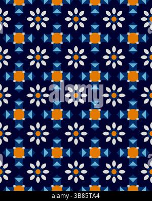L'esposizione artistica presenta un motivo intricato con fiori e forme geometriche in colori vivaci su un ricco sfondo blu navy. Foto Stock