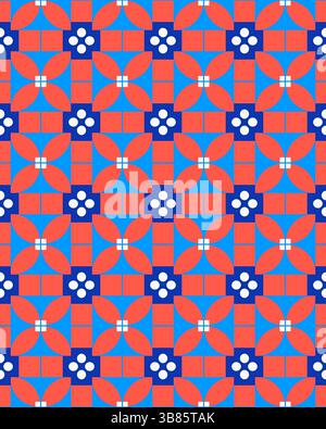 Questo vivace motivo presenta un mix di fiori e forme geometriche in rosso e blu, perfetto per progetti di design contemporaneo. Foto Stock
