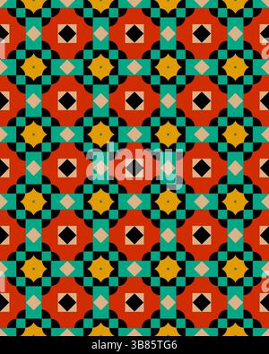 Forme geometriche e colori vivaci formano un pattern ripetuto che presenta design a stelle su uno sfondo luminoso. Foto Stock