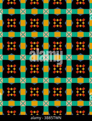 Un motivo geometrico vivace e intricato presenta una miscela di colori e forme disposte simmetricamente, creando interesse visivo e profondità. Foto Stock