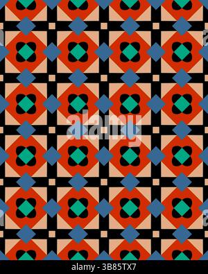 Questo vivace design geometrico presenta motivi complessi con colori e forme audaci, creando un'opera d'arte visivamente coinvolgente. Foto Stock