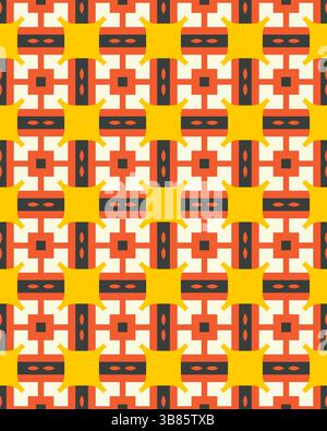 Questo vivace design presenta un motivo geometrico ripetuto di forme gialle e linee a contrasto, ideale per tessuti e carte da parati. Foto Stock