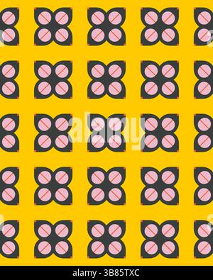 Uno sfondo giallo brillante mostra un motivo ripetuto di forme a foglia sovrapposte con cerchi interni, creando un design accattivante. Foto Stock