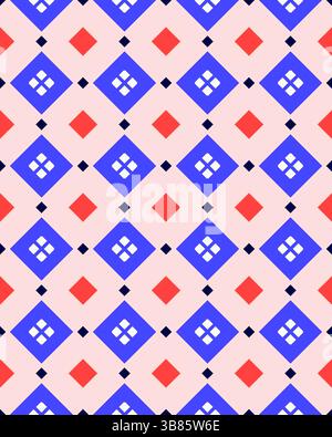 Forme geometriche vivaci creano un motivo visivamente accattivante con diamanti e quadrati nei colori rosso, blu e crema. Foto Stock