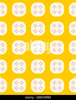 Il design presenta un vivace sfondo giallo con un motivo ricorrente di forme circolari rosa e bianche, creando un'estetica vivace e moderna. Foto Stock