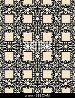 Questo design presenta una serie di motivi geometrici interconnessi, composti da quadrati e forme circolari, realizzati in uno schema di colori bianco e nero. Foto Stock