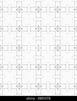 Il design geometrico senza cuciture presenta un pattern ripetuto di croci e diamanti, creando un effetto visivo sorprendente su una superficie bianca. Foto Stock