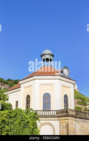 Belvedere in un vigneto vicino al castello di Wackerbarth in Sassonia in estate Foto Stock