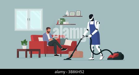 Uomo che si rilassa sul divano mentre un robot umanoide pulisce la stanza con un aspirapolvere Illustrazione Vettoriale