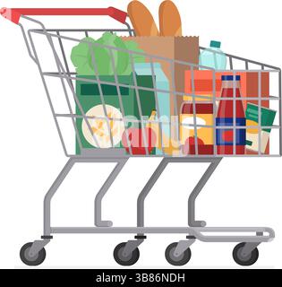 Carrello per supermercati pieno di generi alimentari freschi, negozio di alimentari, isolato Illustrazione Vettoriale