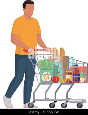 Uomo che spinge un carrello pieno di generi alimentari e cammina, isolato Illustrazione Vettoriale