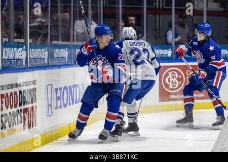 28 febbraio 2024: Il difensore dei Rochester Americans Zach Metsa (22) pattina nel terzo periodo contro il Syracuse Crunch. I Rochester Americans ospitarono i Syracuse Crunch in una partita della American Hockey League alla Blue Cross Arena di Rochester, New York. (Jonathan Tenca/CSM) (immagine di credito: © Jonathan Tenca/CSM via ZUMA Press Wire) Foto Stock