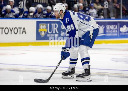 28 febbraio 2024: Il difensore di Syracuse Crunch Chris Harper (96) pattina nel terzo periodo contro i Rochester Americans. I Rochester Americans ospitarono i Syracuse Crunch in una partita della American Hockey League alla Blue Cross Arena di Rochester, New York. (Jonathan Tenca/CSM) (immagine di credito: © Jonathan Tenca/CSM via ZUMA Press Wire) Foto Stock