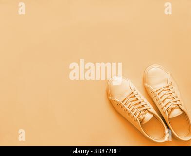 In pelle di colore arancione sneakers pastello su sfondo arancione, bianco e nero. Coppia di arancione scarpe sportive con copia spazio per il testo o il design. Vista superiore o laici piatta Foto Stock