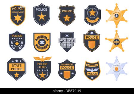 Etichette della polizia. Adesivi con toppe, insegne e stemmi dorati dello sceriffo, ufficiale o poliziotto. Elementi di disegno per la stampa. Vettore piatto Illustrazione Vettoriale
