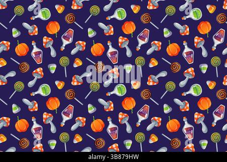 Motivo di Halloween senza cuciture con zucca, funghi, caramelle, lecca lecca e pozioni magiche su sfondo scuro in stile cartone animato. Ideale per il design stagionale Illustrazione Vettoriale