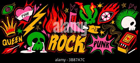 Disegni pastello in stile punk e rock. Adesivi astratti per scarabocchi o graffiti colorati con teschio, fuoco, corona dorata e occhi brucianti. Vettore disegnato a mano Illustrazione Vettoriale