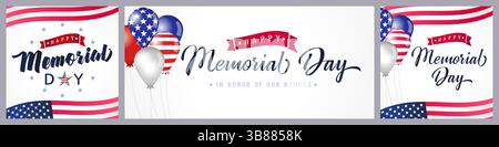 Set di biglietti di auguri per il Memorial Day degli Stati Uniti. Design orizzontale e quadrato con elementi 3D e maschera di ritaglio isolata. Sfondo bianco con cornice a bandiera. Carino Illustrazione Vettoriale