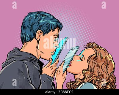 Uomo e donna che baciano attraverso gli schermi telefonici. Amore a lunga distanza. App per incontri. Illustrazione Vettoriale