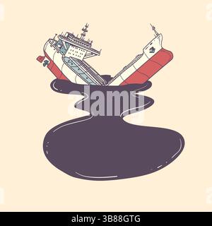 Disastro ecologico nell'oceano. Inquinamento ambientale. Fuoriuscita del serbatoio dell'olio combustibile. Fumetto cartoon pop art illustrazione vettoriale retrò disegno a mano Illustrazione Vettoriale