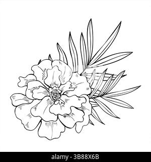 Elegante fiore di calendula con foglie di palma illustrazione vettoriale monocromatica. Vista dall'alto. Disegno inciso di bouquet fiorito per disegni botanici Illustrazione Vettoriale