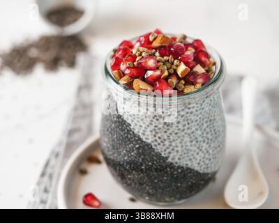Colazione salutare concetto e idea - due colori chia pudding con materie organiche melograno, mandorla e grani di canapa. Il vasetto di vetro con il nero di carbone vegetale e w Foto Stock