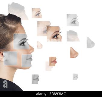 Viso femminile perfetto realizzato con parti facciali. Concetto di chirurgia plastica Foto Stock