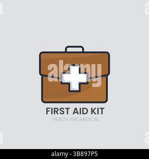 Icona vettore kit di pronto soccorso: Scatola medica marrone con croce bianca, simbolo salute e forniture mediche per emergenza, trattamento e sicurezza Illustrazione Vettoriale