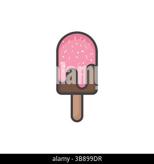 Icona vettoriale colorata di un papavero di gelato rosa e marrone con goccioline su un dolcetto, dessert e cibo estivo Illustrazione Vettoriale