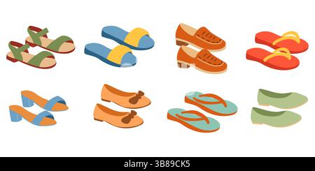 Set di scarpe estive alla moda. Set di scarpe da donna colorate. Illustrazione Vettoriale