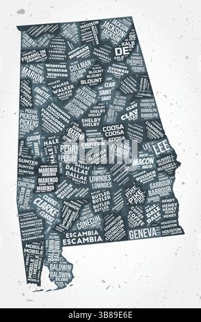 Nuvole di parole delle contee dell'Alabama. Indicare la forma su sfondo testurizzato. Design Alabama in stile tipografico. Elegante illustrazione vettoriale. Illustrazione Vettoriale