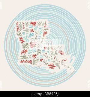 Poster rotondo della Louisiana. Immagine di stato in stile tipografico. Contee di nuvole di parole della Louisiana. Design vintage con texture graffiante. Illustrazione Vettoriale