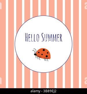 Buongiorno banner rotondo estivo con coccinella. Banner estivo Ladybug retro. Illustrazione Vettoriale