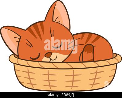 Rosso il gatto sta dormendo in un cestino. Gattino del tabby dello zenzero. Stile piatto Chibi Cat pulito, design semplice perfetto per contenuti per bambini, biglietti d'auguri, adesivi, magliette, tazze e poster Illustrazione Vettoriale