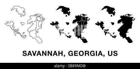 Città di Savannah, Georgia, Stati Uniti d'America set di mappe con divisioni amministrative, contorno e sagoma. Vettore modificabile per le infografiche. Illustrazione Vettoriale